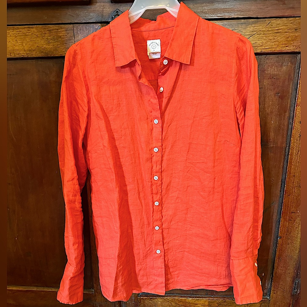 J. Crew linen “Perfect” shirt in vibrant orange. Size 4.